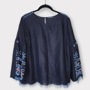 Purotatto Blue 100% Linen Embroidered Cutwork Bell Sleeve Blouse Womens Med